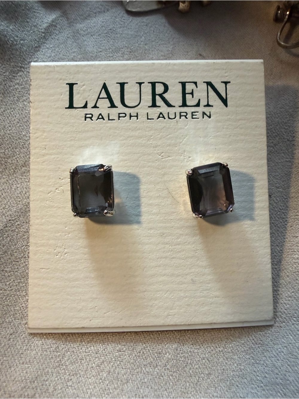 Lauren Ralph Lauren Smoky Gray Rectangular Crystal Stud Earrings